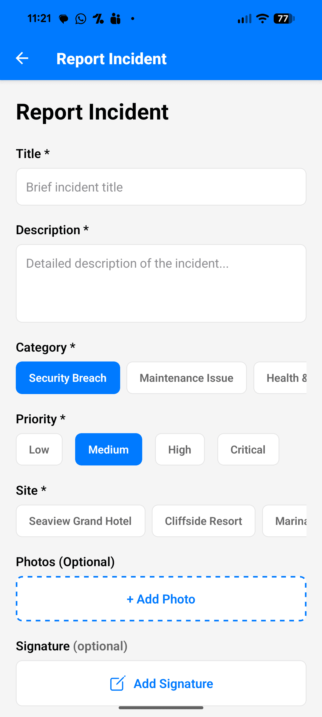 CheckTasks mobile — Incident Reporting