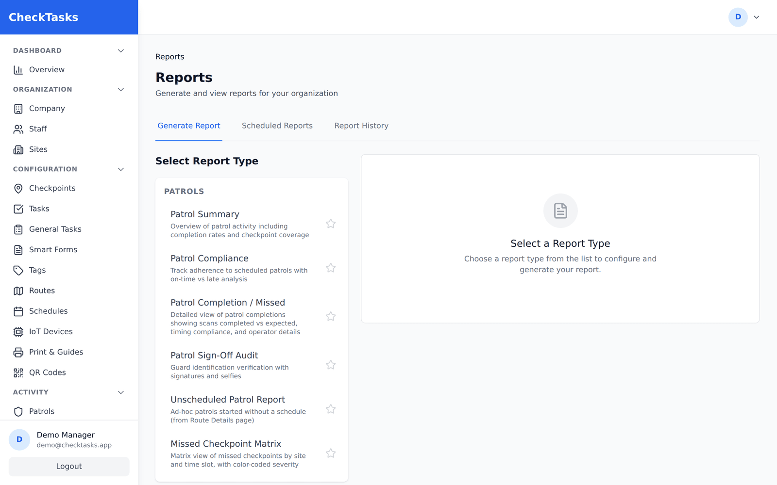 CheckTasks compliance reporting — verified patrol activity across FJB's hotels