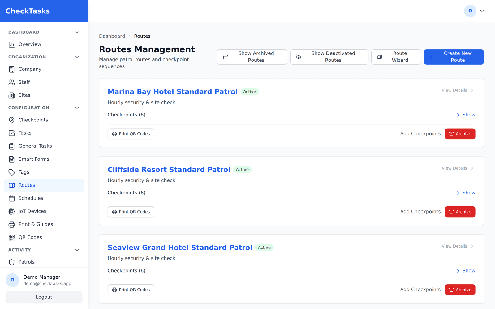 CheckTasks — Route Management