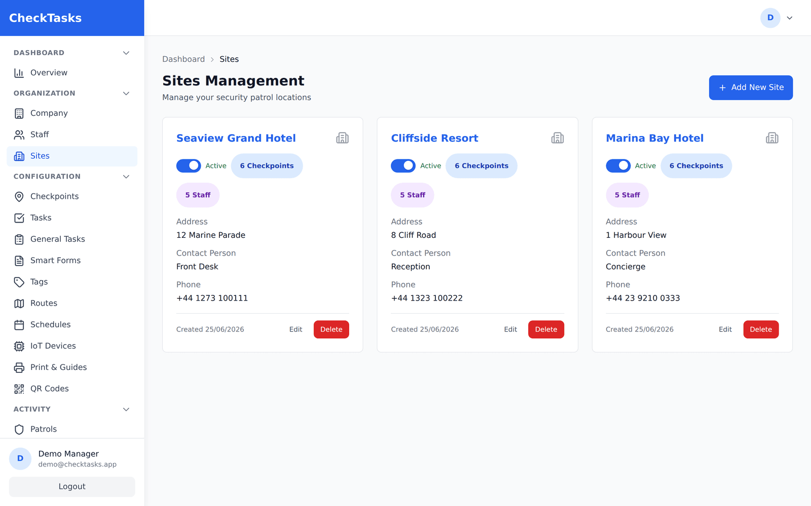CheckTasks multi-site management — FJB's hotels, checkpoints and staff in one place